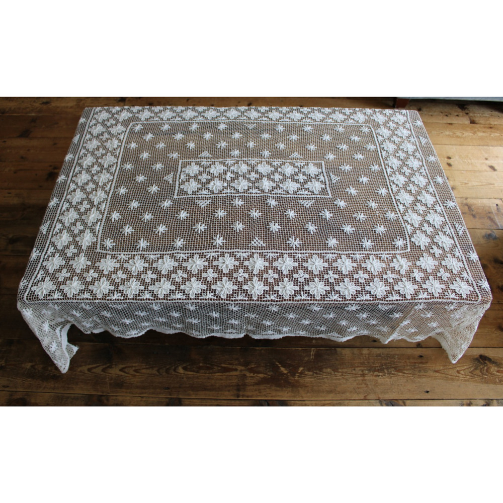 Vintage Handmade Crochet Lace White Tablecloth Shabby Chic Scallop 64" X 72"